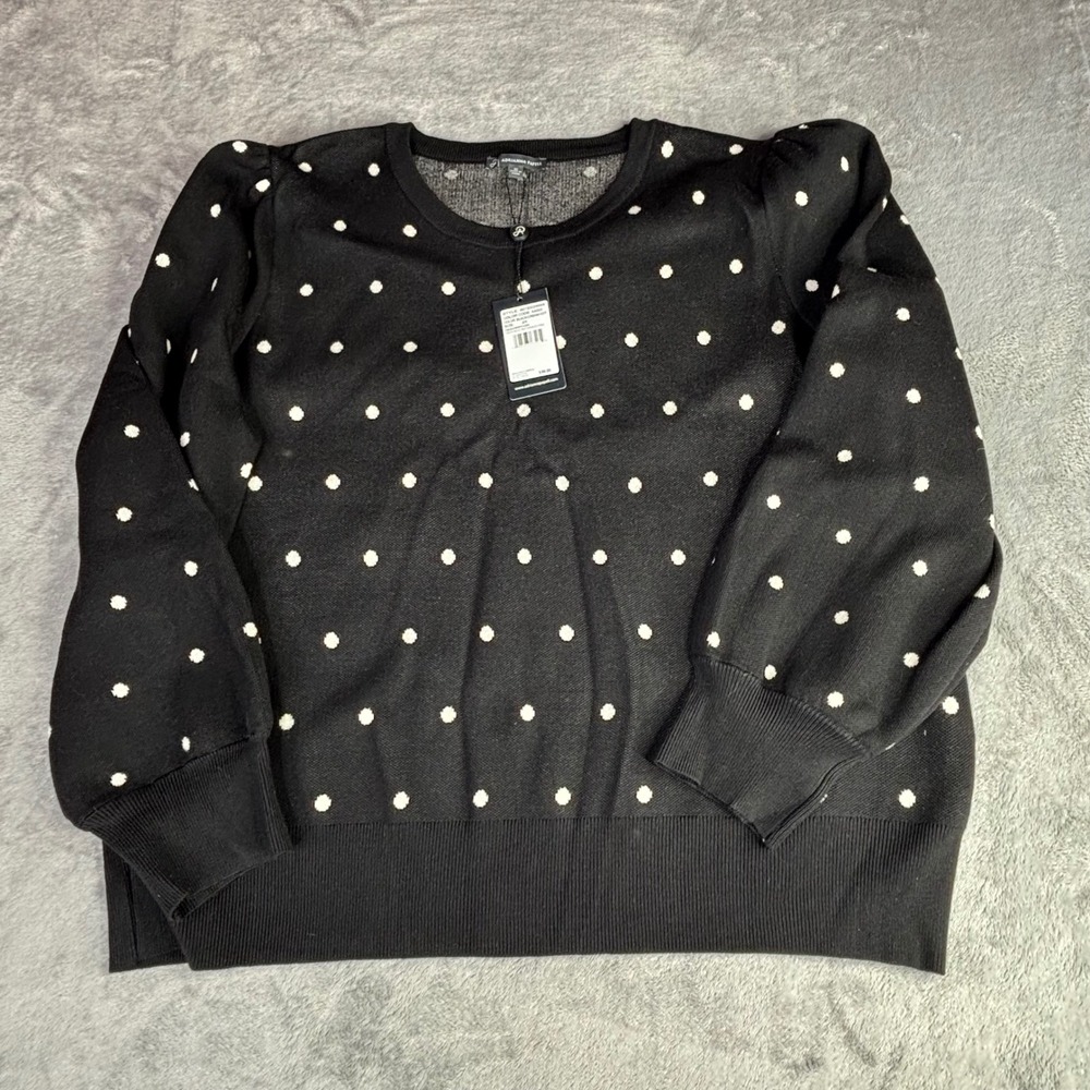 Adrianna Papell Sweater Womens 2X Black Polka Dot Puff Sleeve Crew Neck